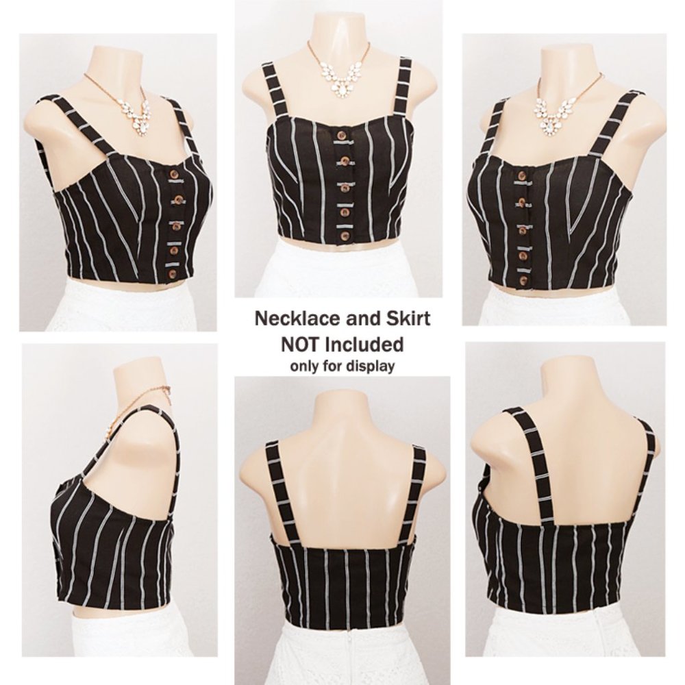 Black Striped Linen Cotton Button Up Cropped Top - Picture 7 of 8